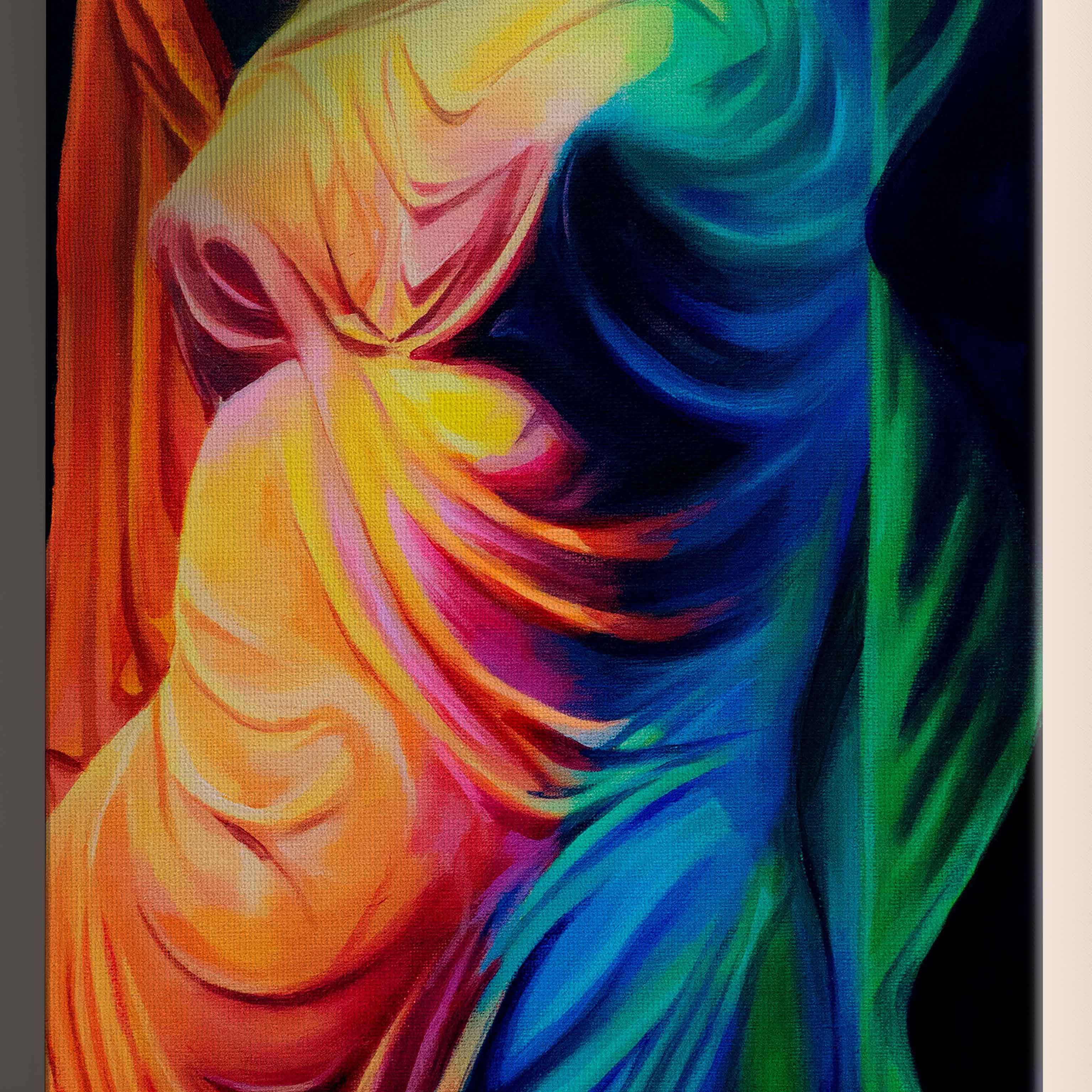A colourful, figurative painting of a woman draped in fabric, based on the song Talk by Hozier